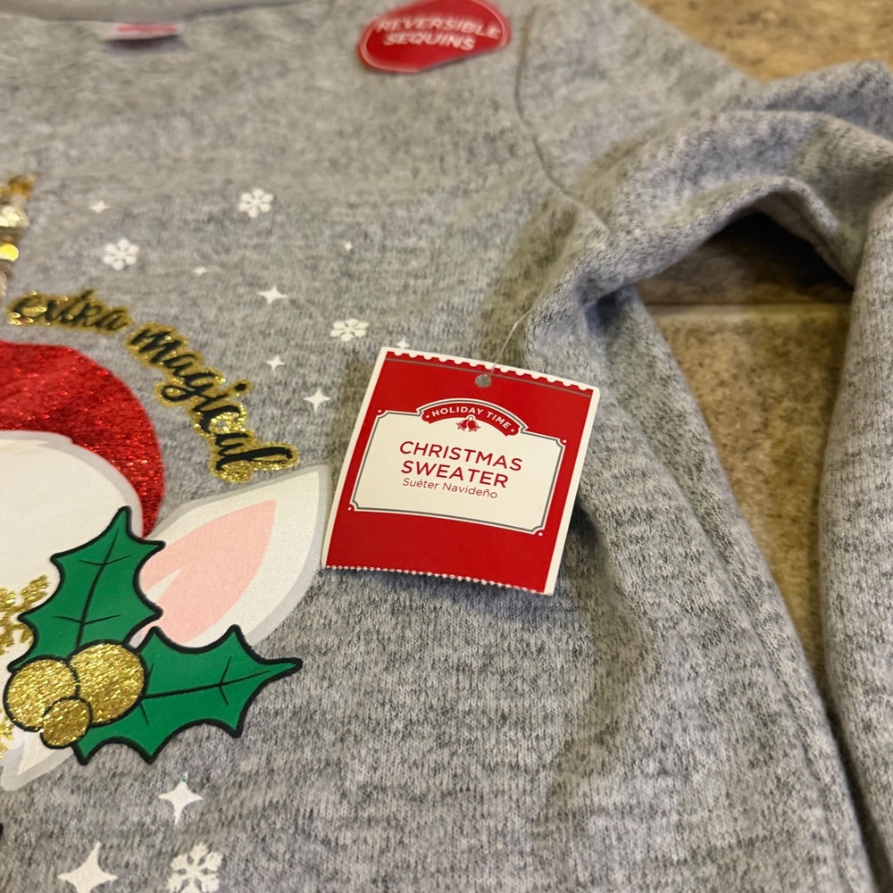 Holiday Time Girls Christmas Unicorn Sweater Gray Reversible Sequins L 10-12 - Picture 5 of 8